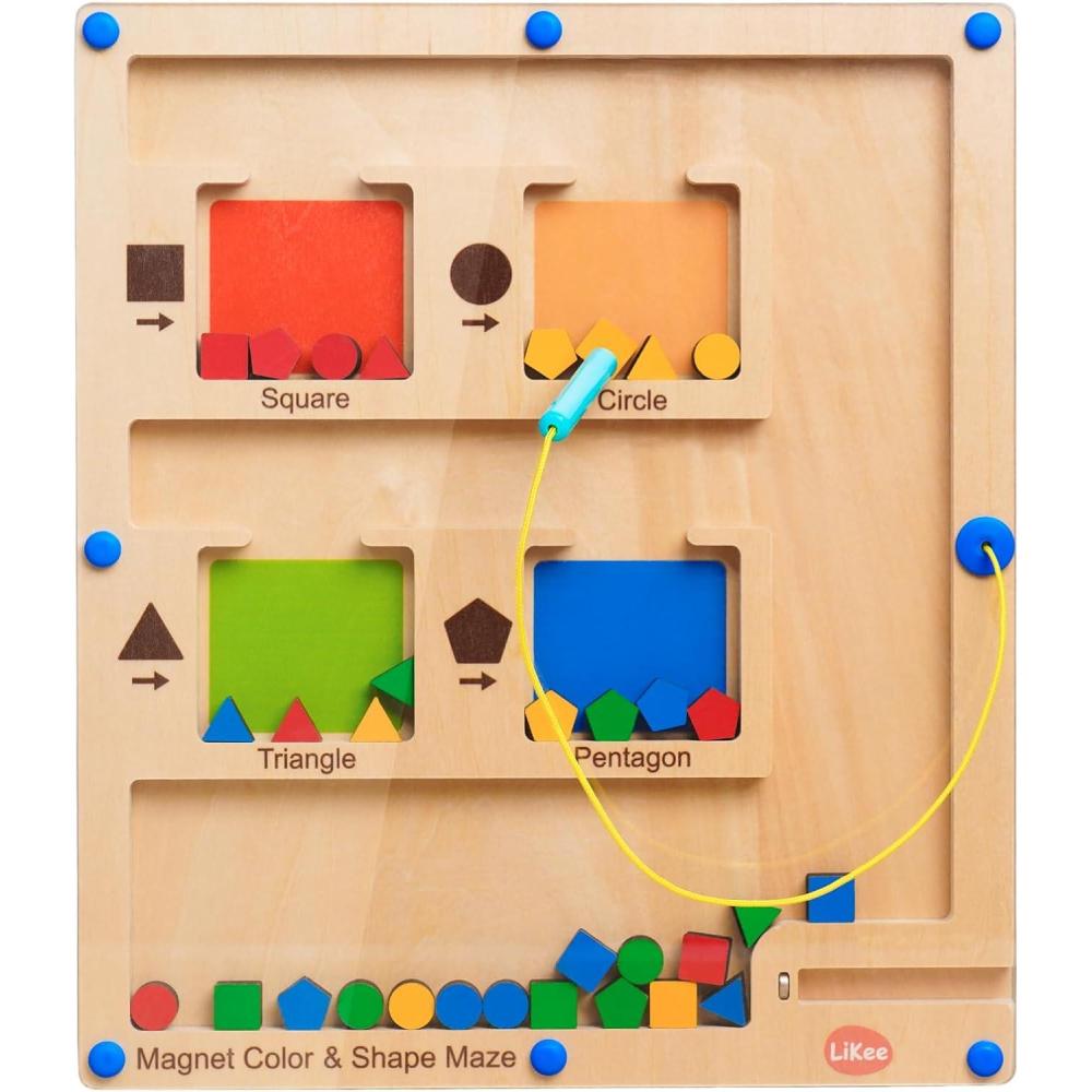 image:imageLiKee Strong Magnetic Maze Montessori Toys for 1 2 3 Years Old Boy Girl Wodden Puzzle Develop Fine Motor Skills Kids Travel Airplane Activity 15 Preschool Learning Shape amp Color